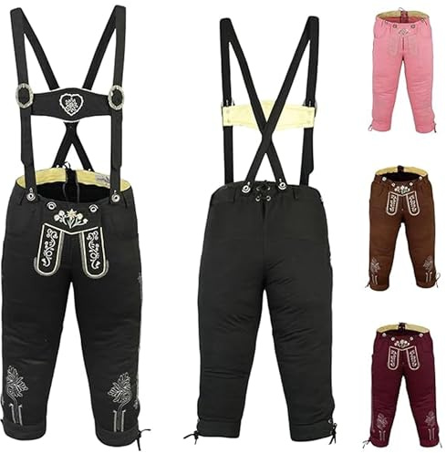 Pantaloni jeans da donna al ginocchio classici stile bavarese. Costume con pantaloni alla zuava con bretelle, tessuto jeans, colore: nero nero W44