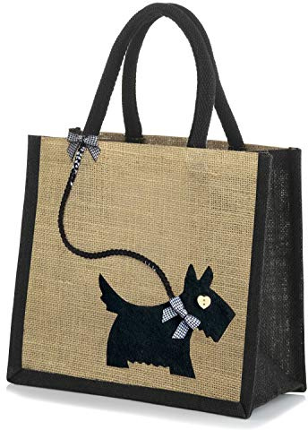 Geschenkbeutel aus Sackleinen / natürlicher Jute, Motiv: Scottie / Westie / Hund Black on Black