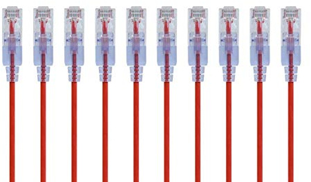 Monoprice SlimRun Cat6A Ethernet Patch Cable - Network Internet Cord - RJ45, Stranded, UTP, Pure Bare Copper Wire, 30AWG, 2 Feet, Red, 10-Pack