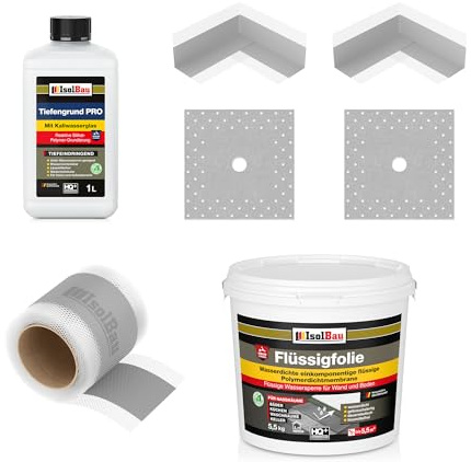 Isolbau Dicht-Set - Inkl. 1x Flüssigfolie (5,5 kg), 1L Tiefengrund PRO, 1x Dichtband (5 m), 2x Innenecken & 2x Manschetten