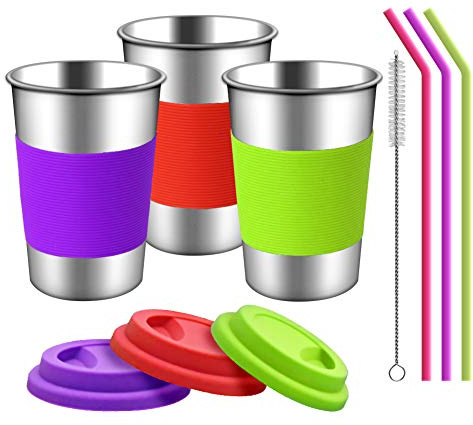 Edelstahlbecher mit Silikondeckeln, Hülsen und Strohhalmen | 3 Pack 16 Unzen Trinkbecher für Kleinkinder, Kinder und Erwachsene Umweltfreundlich | BPA-frei (Silikon-Strohhalme)