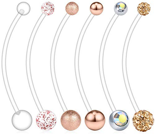 AceFun 6 Piezas Flexible suave transparente PTFE embarazo Piercing de ombligo ombligo Bar Tamaño 1,6 mm 38 mm Longitud Maternidad Barra Stud Anillo
