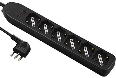 Electraline 61994 Multipresa 6 Posti polivalenti, Cavo 1.5 m, Spina Piccola 10 A, 6 Posti, Nero