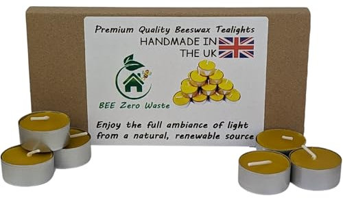 100% Pure Organic Beeswax tealights, set of 15 Handmade in Britain, BEE Zero Waste, eco-friendly tealight, pure beeswax organic cotton wick tea candles (With Metal cups)