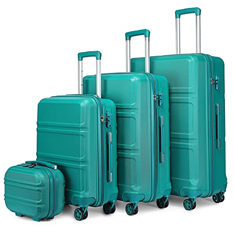 KONO Gepäcksets 4 Teilig Kofferset mit Beautycase ABS Koffer Trolleys Hartschalenkoffer Reisekoffer mit 4 Rollen und TSA Schloss, Kofferset-XL-L-M-Kosmetikkoffer (Türkis)