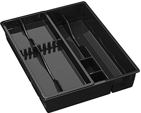 WELLGRO Besteckkasten - 39 x 30,5 x 7,0 cm (LxBxH) - 7 Ablageflächen - Made in EU - Material BPA-freier Kunststoff - Besteckeinsatz - Besteck Kasten, Farbe:Schwarz