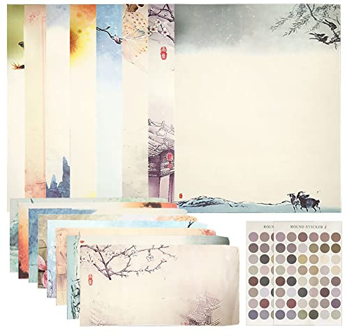 LOVECENTRAL Japanese Writing Paper and Envelopes,32pcs Vintage Design Stationery Paper Chinese Retro Floral Landscape Writing Paper for Kids Student Office, 26.3x18.7 cm