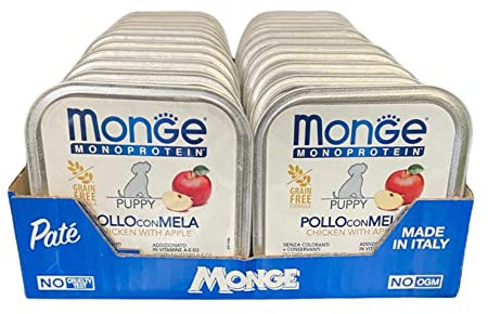 Monge Monoprotein Puppy Nassfutter für Hunde Huhn mit Apfel, ohne Farbstoffe, Konservierungsstoffe und Zuckerzusatz, Packung mit 24 Schalen (1 = 150 g)