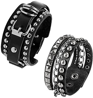YWMAN 2 PCS Punk Leather Cuff Bracelet - Retro Rock Rivet Wristband Wrap - Adjustable Spike Bracelet for Men Women