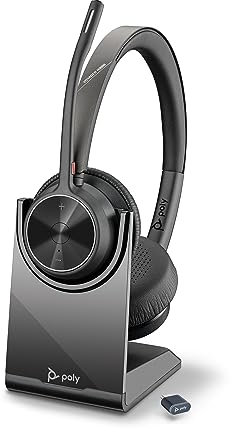 Schnurloses Poly Voyager 4320 UC-Headset und Ladestation – Stereo-Kopfhörer mit Noise Cancelling-Mikrofonarm – Verbindung mit PC/Mac/Mobiltelefon über Bluetooth – Kompatibel mit Teams, Zoom & mehr