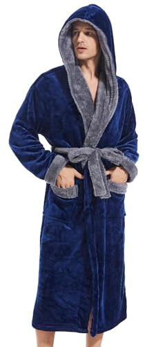 Inner Wish Accappatoio da uomo con cappuccio, accappatoio lungo in peluche, comodo e caldo, accappatoio peloso per spa maschile con tasche, Blu Navy + grigio scuro, Large-X-Large
