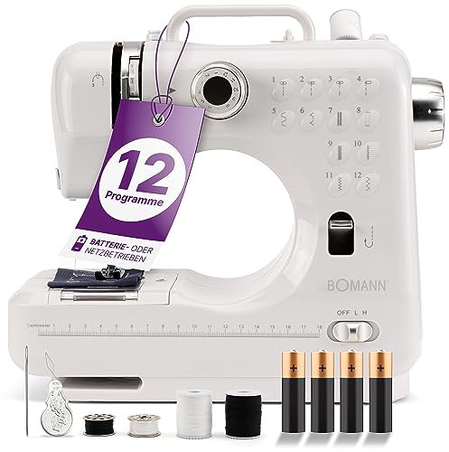 Bomann® Nähmaschine für Anfänger mit 12 Stichmustern | Sewing Machine mit Vor- u. Rückwärtsnähfunktion & 2 Geschwindigkeitsstufen | mit Batterie- oder Netzbetrieb & blendfreiem LED-Licht | NM 6063 CB