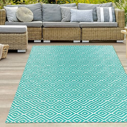 Teppich-Traum Tappeto da esterno in plastica resistente alle intemperie riciclabile per picnic campeggio spiaggia terrazza giardino balcone reversibile polipropilene losanghe verde acqua 150 x 220 cm