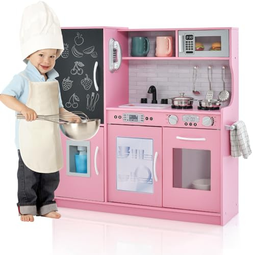 RELAX4LIFE Cucina Giocattolo per Bambini, Gioco Cucina in Legno con Frigo con Lavagna, Microonde, Forno, Macchina per il Ghiaccio, Mini Cucina per Bambini 3-6 Anni (Rosa, 82 x 24 x 80 cm)