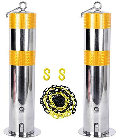 2 Stück abnehmbare Parkpoller, 5 m Absperrkette und Sicherheitspfosten für Einfahrten, Pollerpfosten mit Aufhängering und beweglicher Basis (Silber 550 mm × 114 mm) (Silber 550 mm × 114 mm)