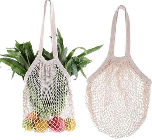 PIQIUQIU 2 bolsas de la compra de malla de algodón reutilizables para verduras y frutas, beige, Bolsas de malla, 2wddmz