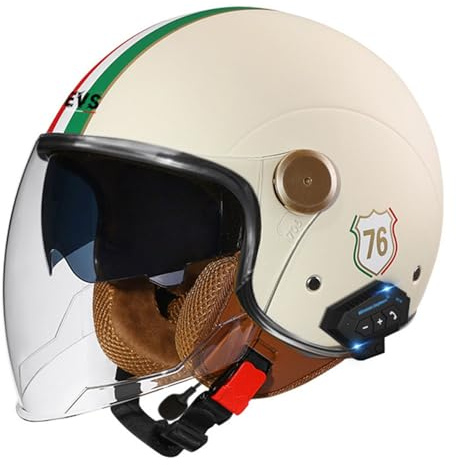 Vintage Casco Aperto Moto Con Doppia Visiera 3/4 Bluetooth Caschi Jet E Demi-Jet Per Uomo E Donna Omologato ECE Casco Moto Ciclomotore Casco A Scodella,Casco Da Motociclista
