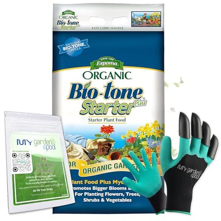 Espoma BTSP18 Bio-Tone Starter Plus 18 lb. Bag with My Garden Pool PH Soil Test Strips 20 ct, and Superior Gardening Claw Gloves and Garden-IQ, Smart Gardening AI Assistant!