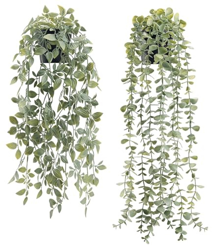 Der Rose 2 plantas artificiales colgantes de eucalipto sintético y vaina de guisantes para decoración bohemia de baño, hogar, oficina, escritorio, estante de pared, estantería, accesorios, decoración