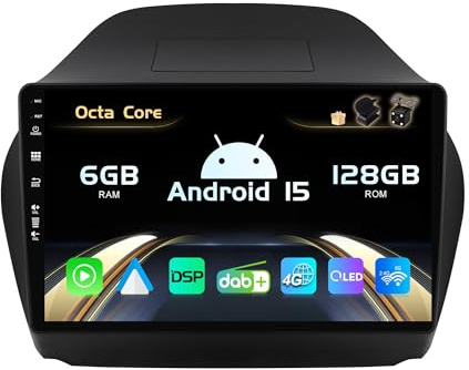 SXAUTO Android 15 [Inbyggd 4G LTE & DAB] – 6G 128G – bilradio för Hyundai IX35 (2010–2017) – Dual Band WiFi – CarPlay Android Auto – kamera + MIC – DSP 360-CAM SWC fast båt – QLED 10,1 tum 2 Din