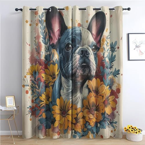 EXSANLIEAY Verdunklungsvorhänge Bulldogge, Vorhang Blickdicht Blumen Vorhänge mit öSen 2er Set für Schlafzimmer Kinderzimmer, Deko Gardinen Wohnzimmer-260 x 140 cm (H X B)