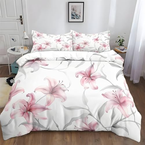 Generisch Bettwäsche 135x200cm Rosa Lilie Blumen Bettwäsche 3 teilig Flauschige Weich Mikrofaser Bettbezug Jugendliche Mädchen Jungen mit 80x80 cm Kissenbezug
