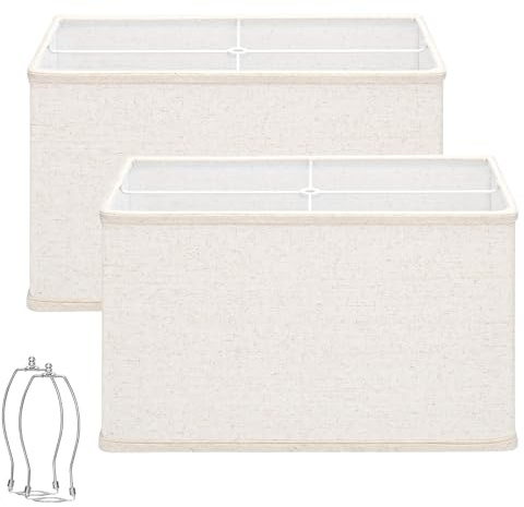 Rectangle Lamp Shades Set of 2, 16L x 8W x 10H Large Beige Lampshades for Table Lamps Floor Lamps, Natural Linen Lamp Shade Replacement, Spider, Harp Holders Included, Easy Assembly Required