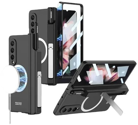 Magnetische Hülle für Samsung Galaxy Z Fold 5 4 3 Hülle unterstützt kabelloses Laden mit Stiftschlitz-Schalenmembran für Z-Fold3-Abdeckung, schwarz, für Samsung Galaxy Z Fold 5