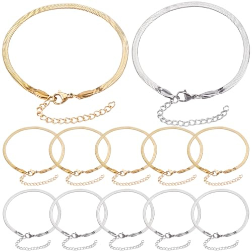 SUNNYCLUE 1 Box 12 Stück Schlangenketten Armbänder Bettelarmband Kettenglieder Großpackung Gold Silber Metall Titan Stahl Verstellbare Verlängerungsglieder Armreifenketten Zur Schmuckherstellung Armba
