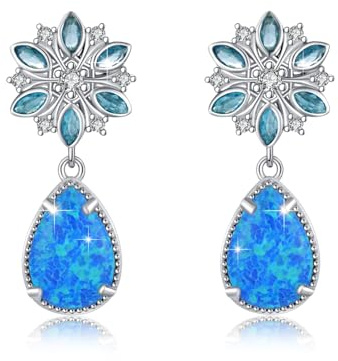 Schneeflocken Opal Ohrringe 925 Sterling Silber Winter Schneeflocken Ohrhänger blaue Opal Hängend Ohrringe Weihnachten Ohrhänger Schmuck Geschenk für Frauen