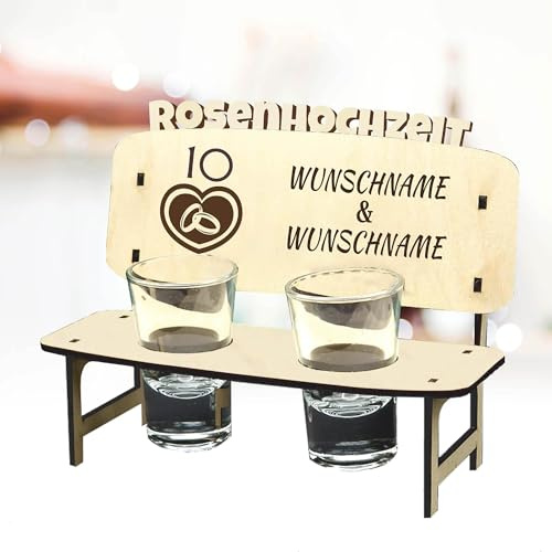 KIWISTAR UG – Regalo – Banco de chupito personalizado – Boda de rosas – 10º aniversario de boda – Nombre y texto – Personalizado con grabado y 2 vasos – Boda, Cumpleaños, Aniversario
