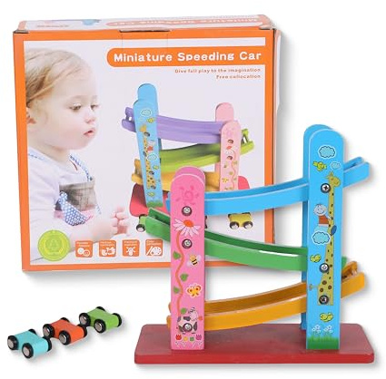 FUNFY Holz-Rennbahnspiel mit 3 Mini-Autos | Mehrfarbig | Material: Holz | Montessori-Tischspielzeug zur Förderung der Kreativität | Lebendiges Design, hochwertige Verarbeitung | Für Kinder