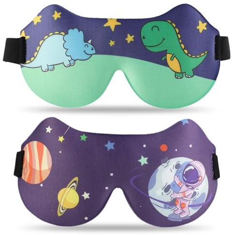 SacJkt Schlafmaske Kinder, Schlafmasken, 2 Stück 3D Schlafbrille Kinder, Weiche Schlafmaske mit Verstellbares Kopfband für Jungen und Mädchen für Reisen, Nickerchen, Camping(Violett + Blau Grün)