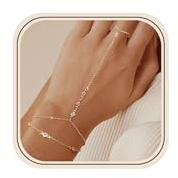 Roheafer Pulseras de cadena de mano de oro para mujer, 2 piezas, ajustables, con anillo de dedo apilado, delicadas cadenas de mano chapadas en oro de 14 quilates con cuentas en capas, 6.6 inches