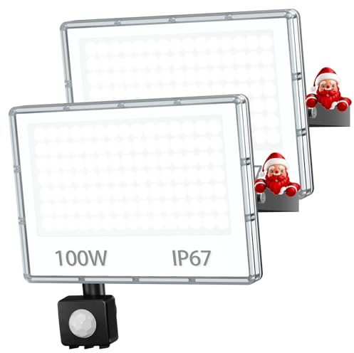 TOPAUBUB LED Strahler Außen mit Bewegungsmelder 100W - 10000LM 6500K LED Scheinwerfer Futer mit Bewegungsmelder Kaltweiß 2 Stücke IP67 Aussenstrahler Wasserdicht für Garten/Hof/Außenbereich