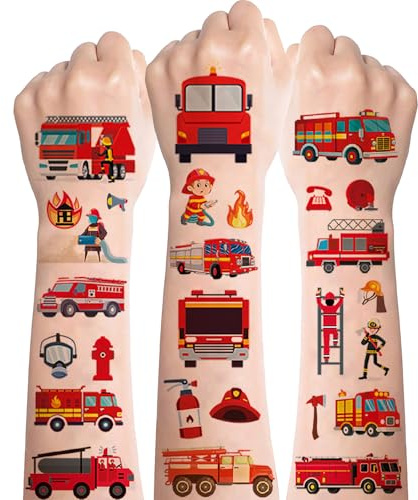 Feuerwehr Tattoo Kinder 10 Blatt,Hautfreundlich Feuerwehrauto Tattoos für Kinder,Temporäre Feuerwehr Auto Kinder Tattoos Jungs Sticker für Kinder Feuerwehr Thema Party Favors Geburtstag Mitgebsel