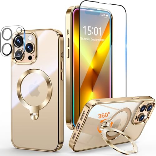 Yoouther 3 in 1 Magnetische Hülle für iPhone 13 Pro Max 6.7 [360° CD Unsichtbarer Drehständer für MagSafe] [Mit Stück Schutzfolie & Kameraschutz] [Nie Vergilbung] Militärschutz Stoßfest, Gold