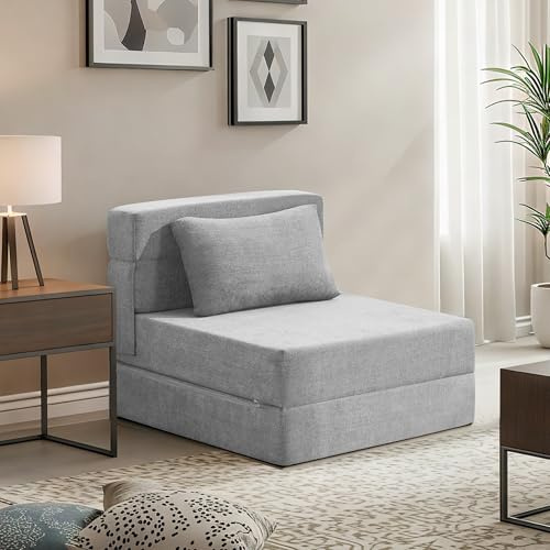 UMBFUN 70 x 190 cm Schlafsofa – Faltbare Schlafcouch und Schlaffunktion, Bettcouch für Wohnzimmer Schlafzimmer mit Memory Schaum & Kissen, Bodensessel Waschbar Set Hellgrau