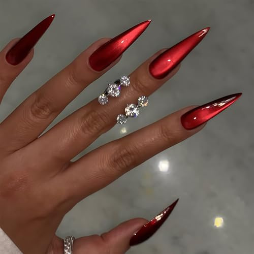 Auroriel 24 Stück Lange Stiletto Kunstnägel Rot Glitzer Press on Nails Vollabdeckung Falsche Nägel Weinrot Glänzend Elegant Wiederverwendbar für Frauen und Mädchen