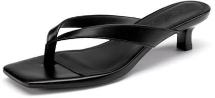 Athlefit Black Kitten Heels for Women Flip Flops Square Open Toe Summer Short Low Heels Slip On Dress Thong Sandals Black Size 8