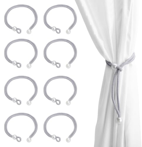 JYYWTSI 8 Alzapaños para Cortinas Ajustables con Hebilla de Cuerda de Perlas, Sujeta Cortinas Decorativos de Cuerda Trenzada, Cordones de Sujeción para Hogar Oficina Hotel Ventana Gris