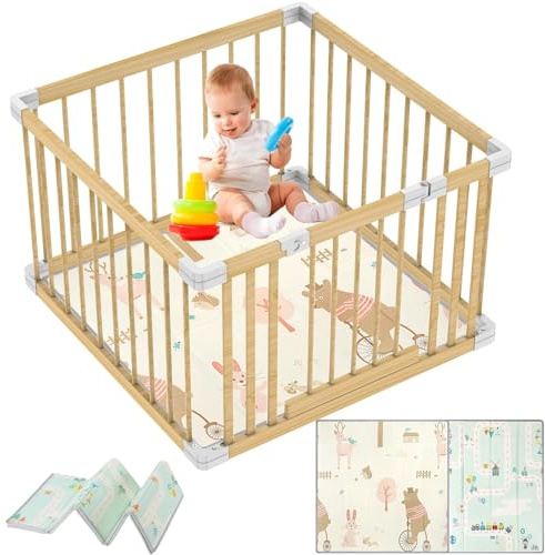 GERCHAM Laufstall Baby, 90x90cm Holz Laufstall Baby mit Matratze, Aus Massivem Kiefernholz, Sicher Unlackiert, mit Tür, 4 Panels, Top Qualität & einfache Montage/Demontage in 10 Minuten