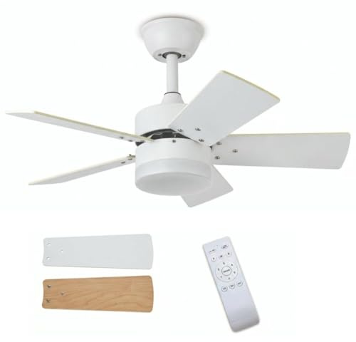 FAN PROJECT Ventilador de Techo Pequeño con Luz LED y Mando a Distancia – Motor DC Silencioso, 5 Aspas Reversibles Blanco/Haya, 76 cm, 36 W, 3060 Lm, 6 Velocidades, Temporizador, Verano/Invierno
