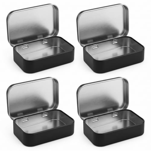 ZEQUNAFENG 4 Pack Black Hinged Metal Tin Box Rectangular 95×60×20mm Small Storage Containers Portable Empty Tins for Jewellery, Keys, Candy Cigarettes, Tobacco