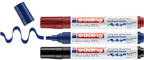 edding 4-1455-3 Fasermaler Calligraphy Marker, 3er Set, 1-5 mm, schwarz/stahlblau/karmesin