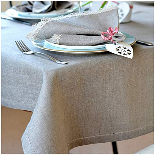 Linen & Cotton Elegante Festliche Tischdecke Stoff Tischtuch Tischwäsche Florence mit Hohlsaum -100% Leinen, Beige Natur (143 x 200 cm) für Hochzeit Dekoration Hotel Restaurant Cafe Gastronomie