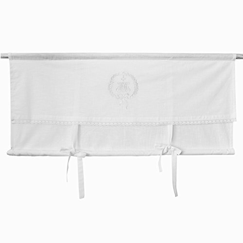 Scheibengardine Raff Gardine Raffrollo Vorhang 'Emmy' 140 x 100 cm (BxH) bestickt mit Spitze und Monogramm weiß Baumwolle Landhaus Shabby French Vintage Retro Antik Nostalgie
