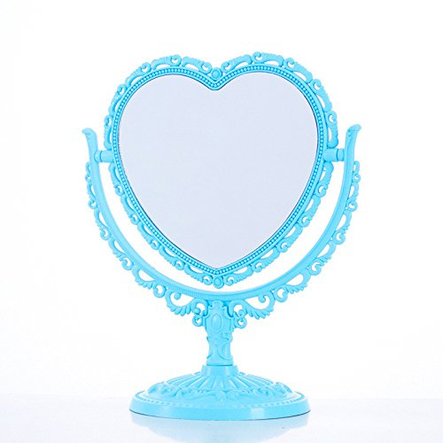 Make-Up-Spiegel 2 Side Comestic Rotat Stand Tisch Kunststoff-Dresser Herz-Form-Spiegel Kosmetik-Tool-Blau