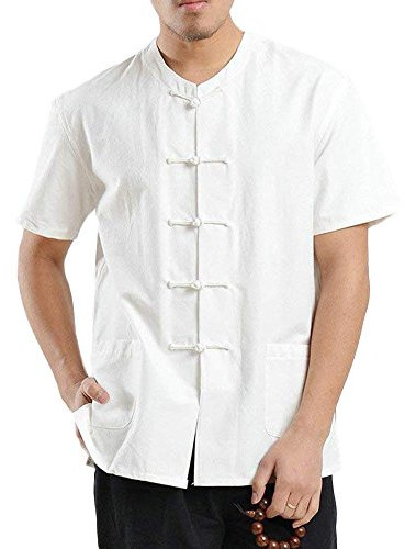 G-LIKE Herren Kung Fu Hemd - Traditionelle Chinesische Kleidung Handarbeit Tangzhuang Stil Jacke Kampfkunst Tai Chi Wing Chun Kurze Ärmel Ohne Kragen Uniform für Männer Frauen (Weiβ, L)