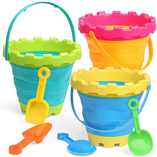 Groß Sandburg Strandeimer Spielzeug Schieben Set,Bunte Sand Strand Eimer für Kinder, Kleinkinder, draußen, Sandkasten, Sandburg förmiger Eimer mit Netztasche,Schnee, Hinterhof Kein Blue Yellow 7-Pack